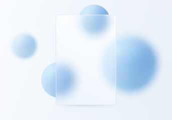 Minimal glassmorphism panel with floating blue spheres on a light background.