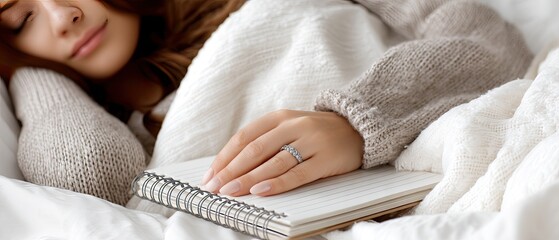 Woman relaxing in cozy bed while writing in notebook during early morning hours in a warm, inviting bedroom atmosphere