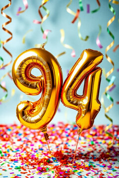 Birthday balloon number ninety four, golden letter figure 94 celebration background AI Generative