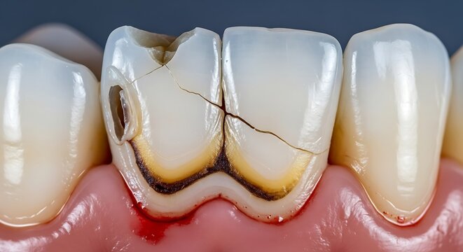 Close up of severely decayed and cracked human teeth with bleeding gums.