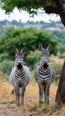 Obraz premium Two zebras standing together in a grassy area with trees in the background during a sunny day in the African savanna
