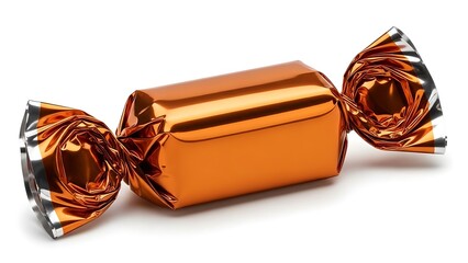 Orange candy wrapped in shiny foil on a clean white background