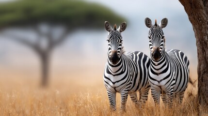 Striped zebras stand together under a tree in the savanna during a warm afternoon in Africa, showcasing their unique patterns and behavior