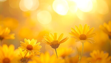 Soft focus image of yellow daisy-like flowers bathed in golden sunlight. Bokeh effect adds a dreamy feel to the composition