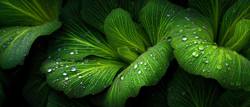 Close-up of fresh green leaves with water droplets, evoking a hyperreal organic vibe