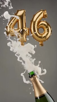 Number 46 balloon with popping champagne bottle. Celebrating a milestone, anniversary or birthday