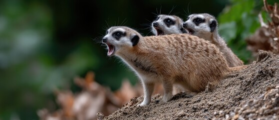 Fototapeta premium Family of meerkats vocalizing and standing watch in a natural habitat during daylight