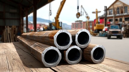 Close-up view of five metallic pipes stacked on a wooden surface, showcasing industrial craftsmanship, with a busy construction site in the background, highlighting the essence of manufacturing