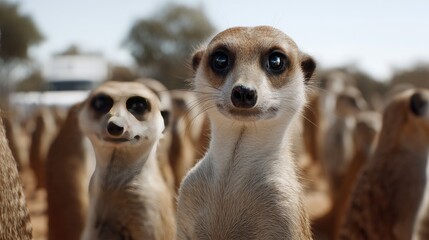 Meerkats gather in natural habitat during sunny day in the outback, showcasing social behavior and curious expressions