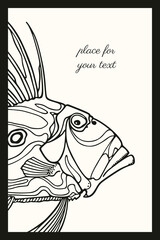 Vector card with hand drawn illustration of a deep sea fish made in graphic steampunk style. Ink drawing, beautiful design elements. Perfect print for any business related to the fish industry.