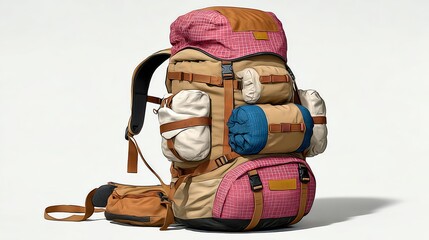 Colorful outdoor backpack with multiple compartments and straps, designed for hiking and travel, showcasing durable materials and vibrant colors for adventure enthusiasts