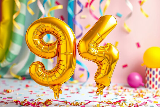 Birthday balloon number ninety four, golden letter figure 94 celebration background AI Generative