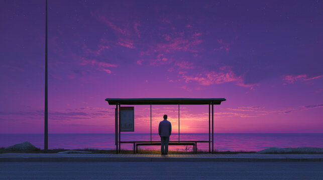 A lone person standing at a bus stop under a surreal purple twilight sky - Powered by Adobe