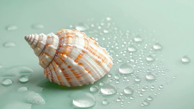 Striped seashell with water droplets on mint surface