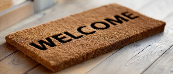 Doormat with welcome message placed at the entrance of a house providing a warm greeting to visitors