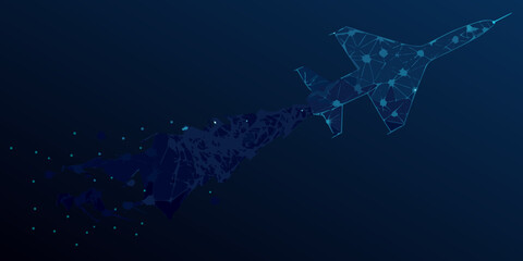Futuristic jet aircraft constructed from glowing polygonal lines on a dark background