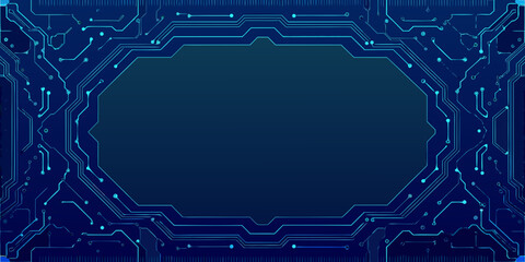 Abstract blue circuit board pattern with a central dark polygonal space