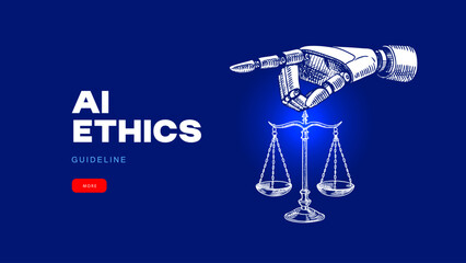 Modern collage of sketch halftone robots hand and law scales. Artificial intelligence regulation. Stop AI message, ethics, legal concept. Vector hand drawn illustration