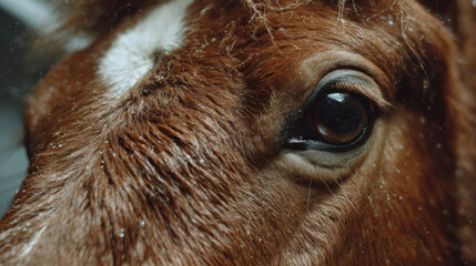 Sad close up portrait of brown horse face. beautiful animal eye shows gentle and soulful emotion, detailed abstract view of nature