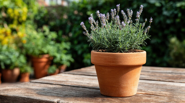 Beautiful lavender plant in terracotta pot on wood table. calm, sunny outdoor garden provides background for this fresh purple flower