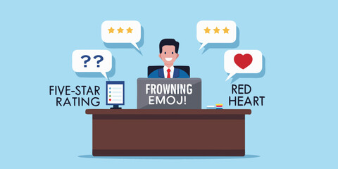Customer feedback and reviews illustrated with emojis and a frustrated person
