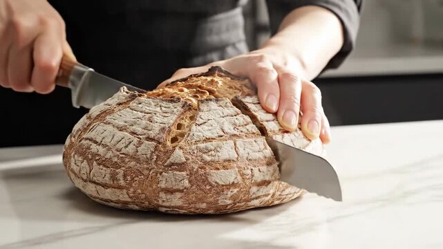 Slicing Freshly Baked Rustic Sourdough Bread on a Marble Countertop