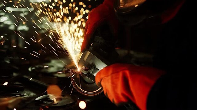 Sparks Fly as Metal Grinder Cuts Through Steel in Dark Workshop