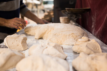 mass of yeast dough in the bakery