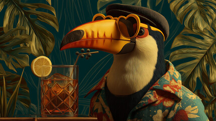 Fototapeta premium A whimsical toucan in sunglasses and Hawaiian shirt sipping a cocktail in lush jungle setting