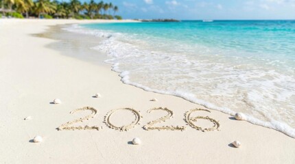 The inscription "2026" on the beach sand against the backdrop of ocean waves, the concept of traveling in 2026