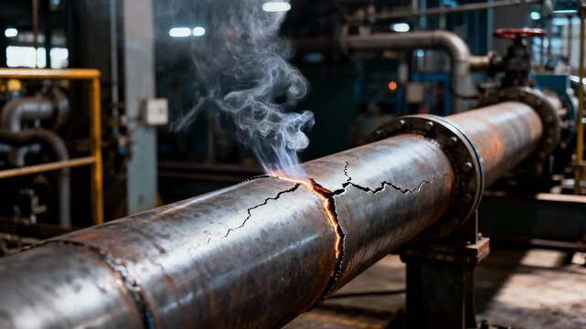 Cracked industrial steel pipe leaking smoke and heat with corrosion, cracked industrial metal pipe leaking fire and steam from high pressure pipeline