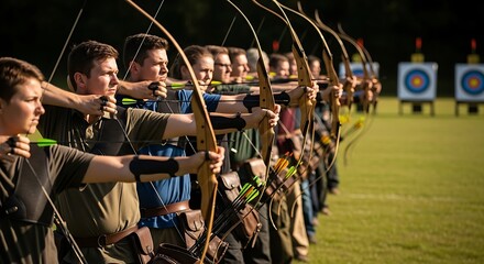 Archers in Formation Aiming at Targets in Outdoor Archery Range.