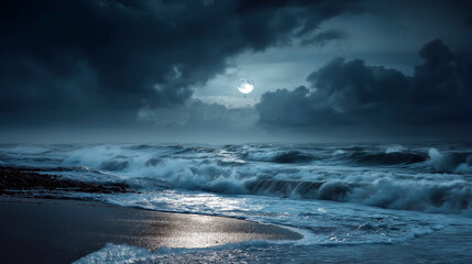 Stormy seashore at dusk with glowing waves reflecting eerie moonlight