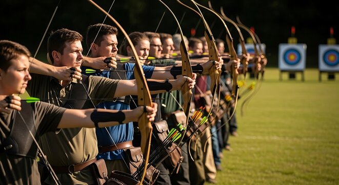 Archers in Formation Aiming at Targets in Outdoor Archery Range.