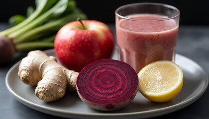 Fresh juice with beet, apple, ginger, and lemon. Healthy drink for detoxification and nutrition. Diet or natural food concept.
