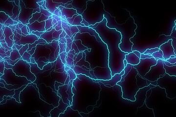 Seamless blue electric energy network on black background, glowing plasma lightning web with tangled arcs, futuristic high voltage texture graphic resource overlay for interfaces, technology, sci fi 