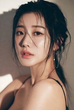 A beautiful asian woman also korean with wet, dark hair, wearing large hoop earrings and a black strap top, poses against a plain background with a natural makeup look