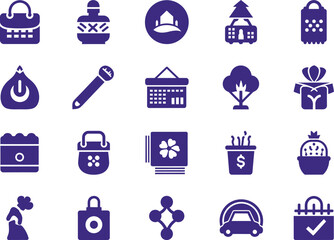 Purple silhouette icons of shopping, gifts, and travel elements shopping bag perfume bottle