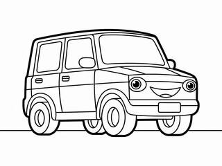 Cheerful black and white line drawing of a four wheeled cartoon vehicle with happy eyes and smiling mouth on a white background
