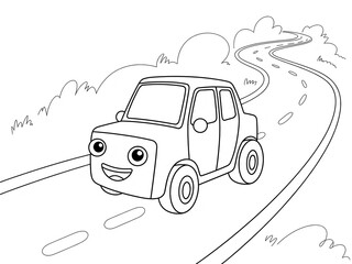 Cheerful four wheeled cartoon car with a radiant smile and clear black outlines driving along a winding road with dotted lines indicating a coloring book style, set against a simple dotted background