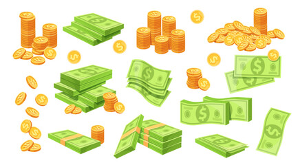 Banknotes stack coins. Green cash dollar bills with gold coin pile, wad paper money currency bank note heap banknote, wealth rich finance concept cartoon neat vector illustration