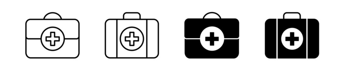 Medical bag with cross icon set. First aid, emergency equipment symbol. Vector illustration. Editable stroke. 