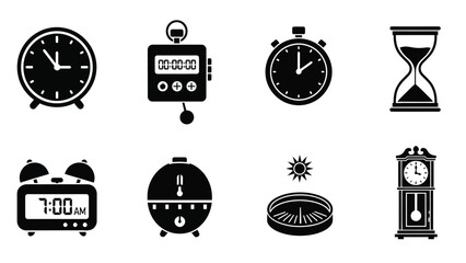 Collection of various timekeeping devices clocks hourglasses and stopwatches