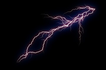Diagonal purple lightning bolt on black background, thin branching electric discharge with neon plasma glow, vivid high voltage storm streak lightning texture graphic resource overlay for dramatic