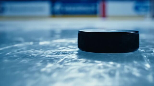 Hockey puck rests on ice surface of professional arena rink, ready for intense game action, sport equipment focus, close up view of frozen playing field detail