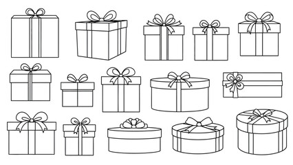 Collection of outlined gift boxes with decorative ribbons and bows