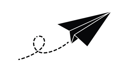 A simple black silhouette of a paper airplane in flight with a dotted trail © Tm Studio
