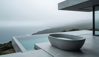 Modern outdoor concrete bathtub with ocean view on a misty day. Luxury spa for relaxation and wellness. Coastal retreat concept.