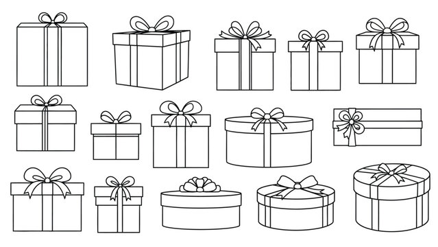 Collection of outlined gift boxes with decorative ribbons and bows