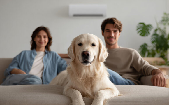 Happy couple relaxing on sofa with cute golden retriever dog enjoying cool breeze from air conditioner in modern living room, showing content and peaceful expression at home - Powered by Adobe